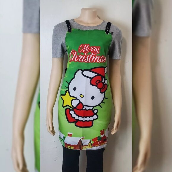 CARTOON CHRISTMAS HELLO KITTY CUTE KITCHEN APRON BIG LOGO GREEN ONESIZE - Picture 1 of 6